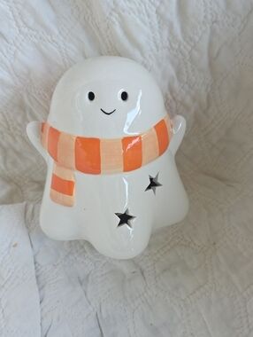 Ceramic Ghost Figurine with Orange Striped Scarf